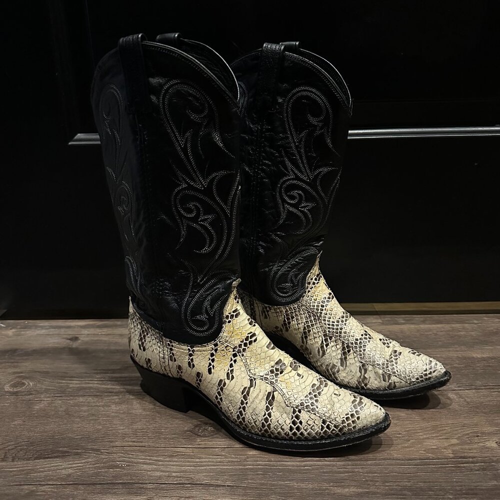 White and Black Snakeskin and Leather Cowboy Boots